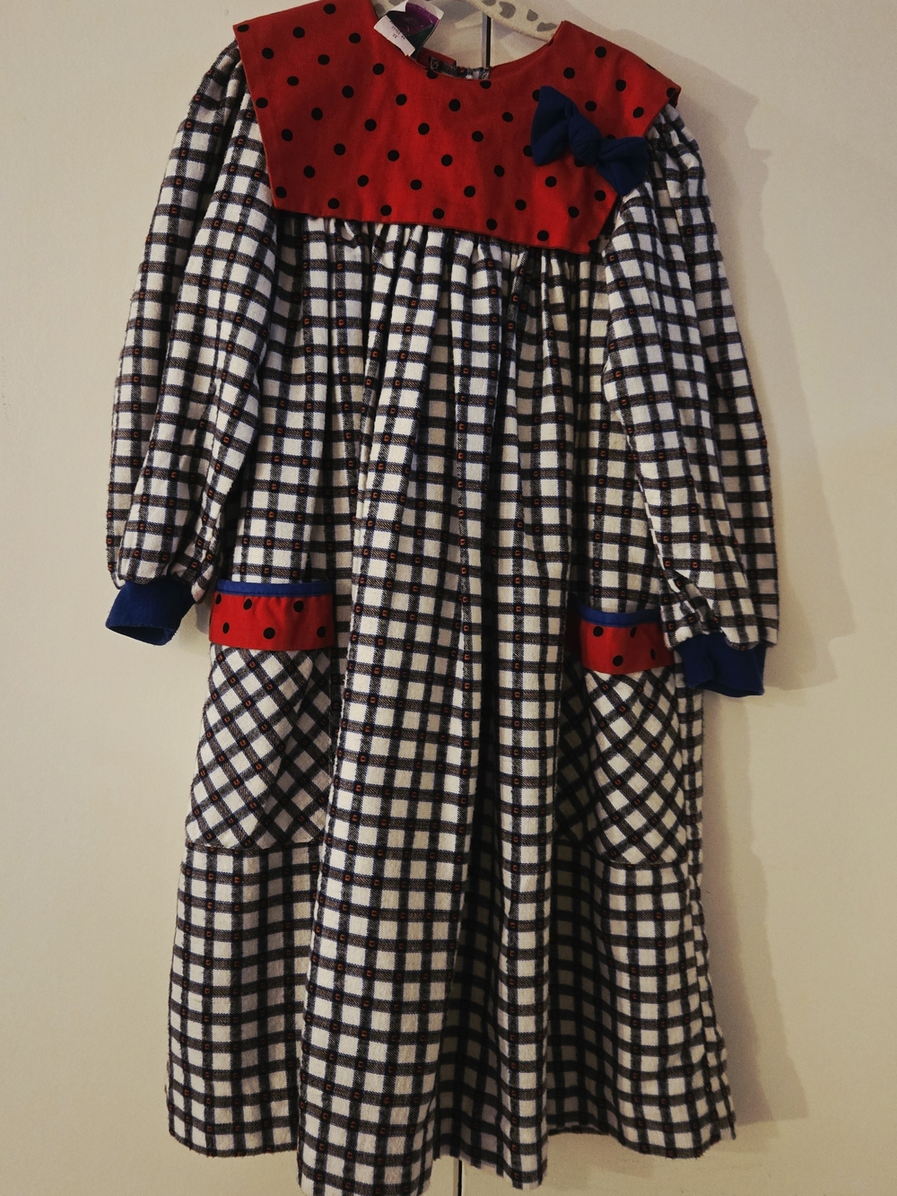 Kids Plaid Long Sleeve Dress with Red Yoke and Blue Bow